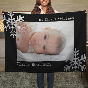 Baby's eerste kerstmis zwarte foto Snowflakes Fleece Deken
