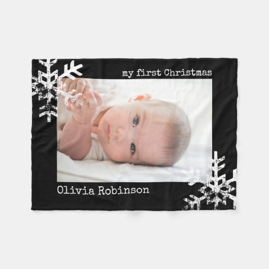 Baby's eerste kerstmis zwarte foto Snowflakes Fleece Deken (Voorkant (Horizontaal))