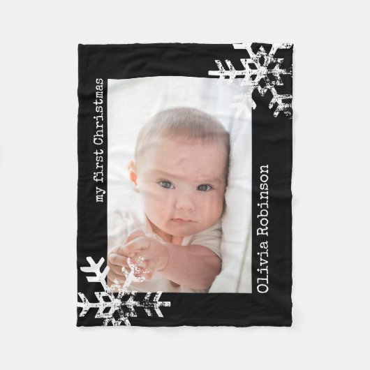 Baby's eerste kerstmis zwarte foto Snowflakes Fleece Deken (Voorkant)