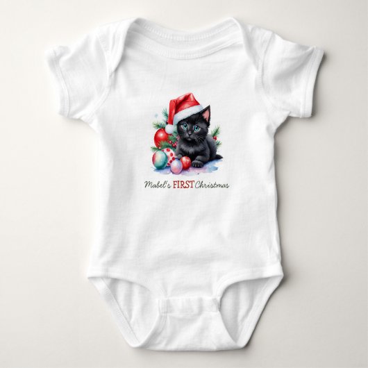 Baby's Eerste Kerstmiszwarte Kitten Santa Hat Romper (Voorkant)