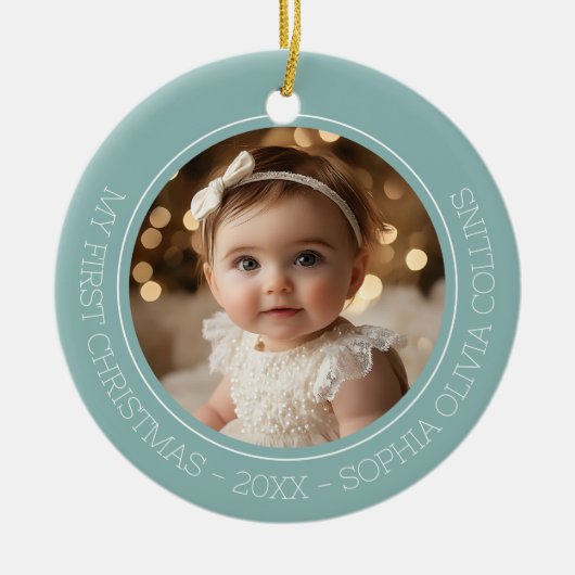 Baby's Eerste Kerstmuntje Modern 2 Foto Pasgeboren Keramisch Ornament (Voorkant)