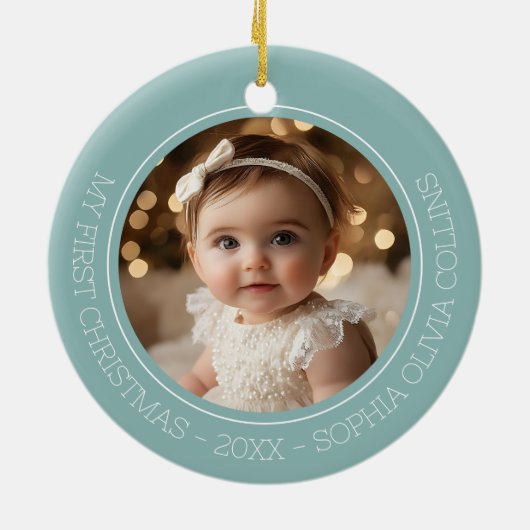 Baby's Eerste Kerstmuntje Modern 2 Foto Pasgeboren Keramisch Ornament (Achterkant)