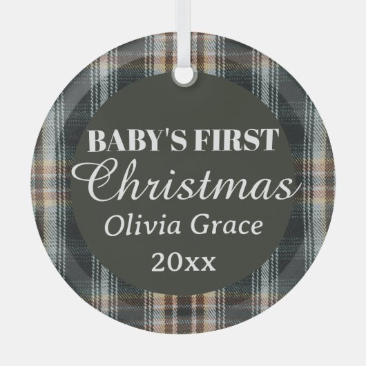 Baby's Eerste Kerstnaam Jaar Keepsake Plaid Glas Ornament (Voorkant)