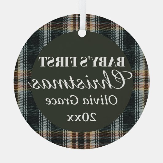 Baby's Eerste Kerstnaam Jaar Keepsake Plaid Glas Ornament (Achterkant)