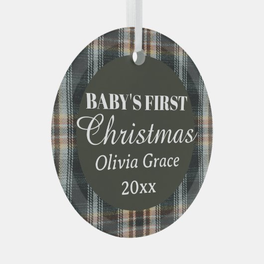 Baby's Eerste Kerstnaam Jaar Keepsake Plaid Glas Ornament (Voorkant Rechts)