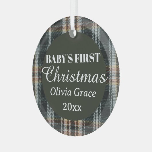 Baby's Eerste Kerstnaam Jaar Keepsake Plaid Glas Ornament (Voorkant links)