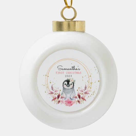 Baby's eerste kerstpinguïn keramische bal ornament (Voorkant)