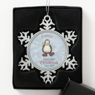 Baby's eerste kerstpinguïn tin sneeuwvlok ornament