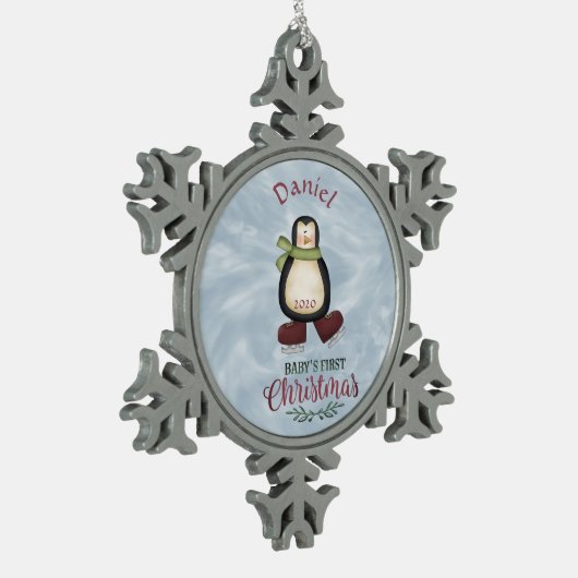 Baby's eerste kerstpinguïn tin sneeuwvlok ornament (Links)