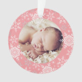 Baby's eerste kerstroze zilveren sneeuwvlokken ornament (voorkant)