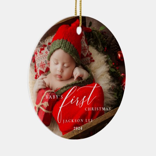 Baby's Eerste Kerstscript Foto Ornament (Rechts)