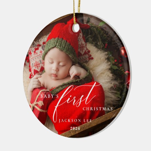 Baby's Eerste Kerstscript Foto Ornament (Links)