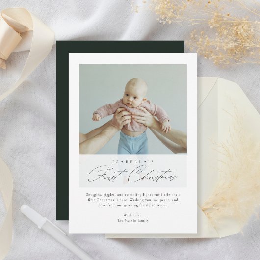 Baby's eerste kerstscript minimalistisch groen feestdagenkaart