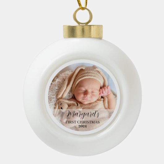 Baby's eerste kerstscript Modern Elegant Keramische Bal Ornament (Voorkant)