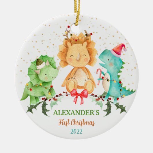 Baby's eerste kerstsieraad Dinosaur Keramisch Ornament (Voorkant)