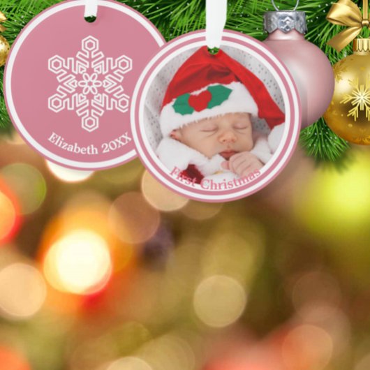 Baby's Eerste Kerstsneeuwvlok op Roze Ornament
