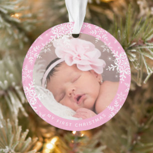 Baby's Eerste Kerstsneeuwvlokken op Roze Ornament