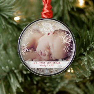 Baby's Eerste Kerstsneeuwvlokken Rood Zilver Metaa Metalen Ornament