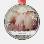 Baby's eerste kerstsnowflakes Red Silver Metal Metalen Ornament (Voorkant)