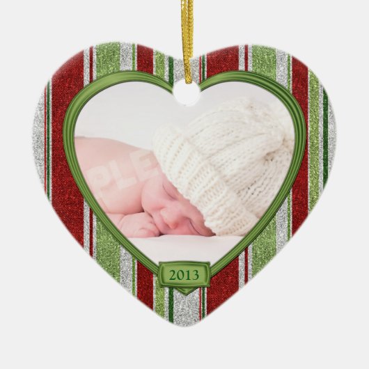 Baby's Eerste Kerststrepen Foto Hart Kerstmis Keramisch Ornament (Voorkant)