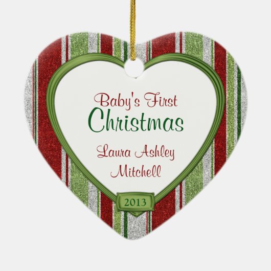 Baby's Eerste Kerststrepen Foto Hart Kerstmis Keramisch Ornament (Achterkant)