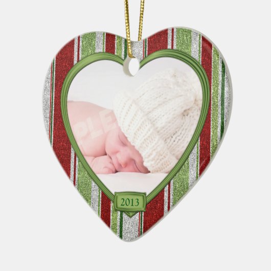 Baby's Eerste Kerststrepen Foto Hart Kerstmis Keramisch Ornament (Links)