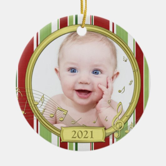 Baby's eerste kerststripmuziek keramisch ornament (Voorkant)