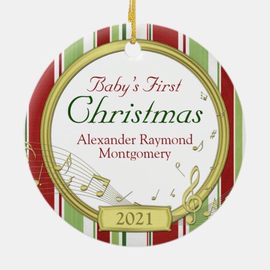 Baby's eerste kerststripmuziek keramisch ornament (Achterkant)