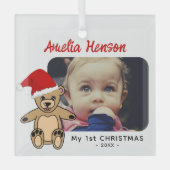 Baby's eerste kerstteddy Bear Santa Hat Foto Glas Ornament (Voorkant)