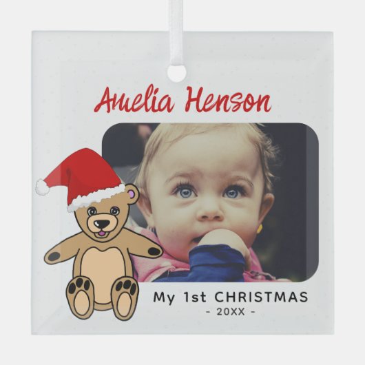Baby's eerste kerstteddy Bear Santa Hat Foto Glas Ornament (Voorkant)