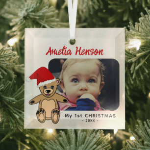 Baby's eerste kerstteddy Bear Santa Hat Foto Glas Ornament