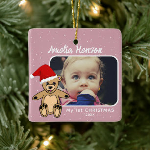Baby's eerste kerstteddy Bear Santa Hat Foto Keramisch Ornament