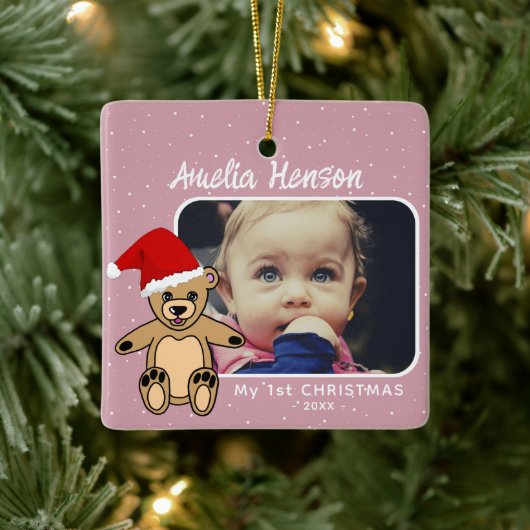 Baby's eerste kerstteddy Bear Santa Hat Foto Keramisch Ornament (Boom)