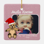 Baby's eerste kerstteddy Bear Santa Hat Foto Keramisch Ornament (Achterkant)