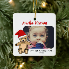 Baby's eerste kerstteddy Bear Santa Hat Foto Keramisch Ornament