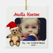 Baby's eerste kerstteddy Bear Santa Hat Foto Keramisch Ornament (Achterkant)
