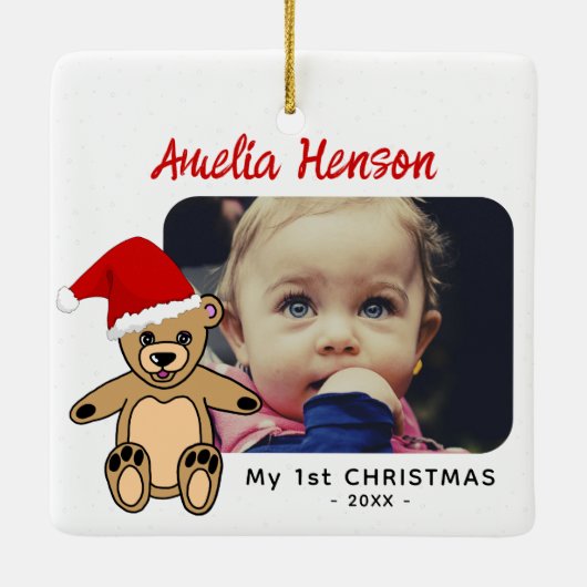 Baby's eerste kerstteddy Bear Santa Hat Foto Keramisch Ornament (Achterkant)