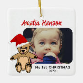 Baby's eerste kerstteddy Bear Santa Hat Foto Keramisch Ornament (Voorkant)
