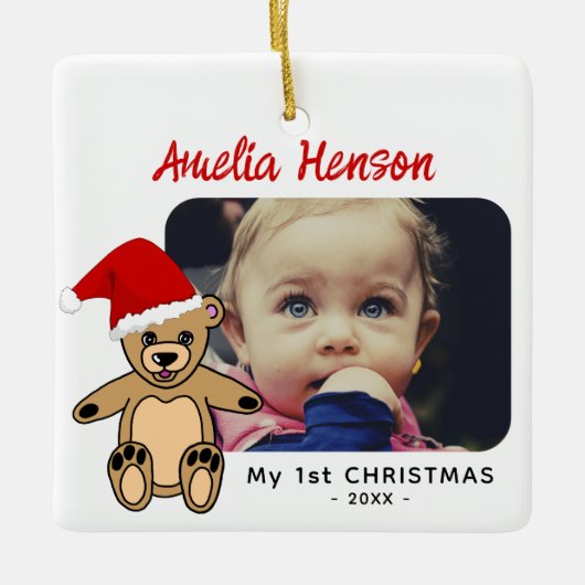 Baby's eerste kerstteddy Bear Santa Hat Foto Keramisch Ornament (Voorkant)
