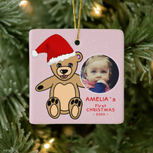 Baby's eerste kerstteddy Bear Santa Hat Foto Keramisch Ornament