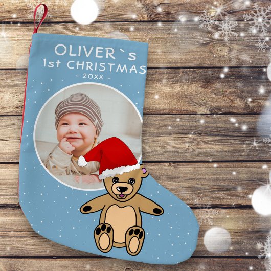 Baby's eerste kerstteddy Bear Santa Hat Foto Kleine Kerstsok
