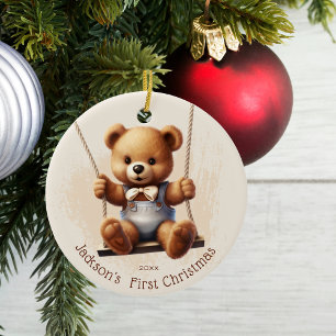 Baby's eerste kerstteddy op swing keramisch ornament