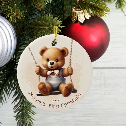 Baby's eerste kerstteddy op swing keramisch ornament