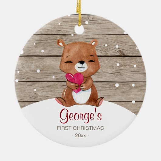 Baby's eerste kerstversiering | beer waterverf keramisch ornament (Achterkant)