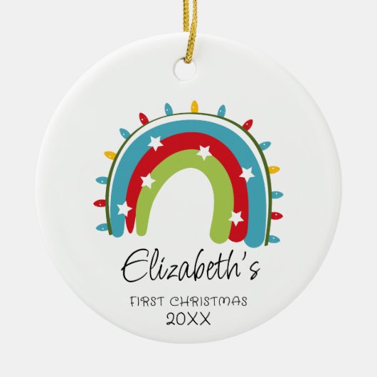 Baby's eerste leuke regenboog kerstverlichting keramisch ornament (Voorkant)