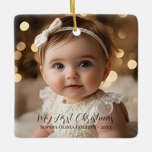 Baby's eerste minimalistische kerstscript 2 foto keramisch ornament (Voorkant)