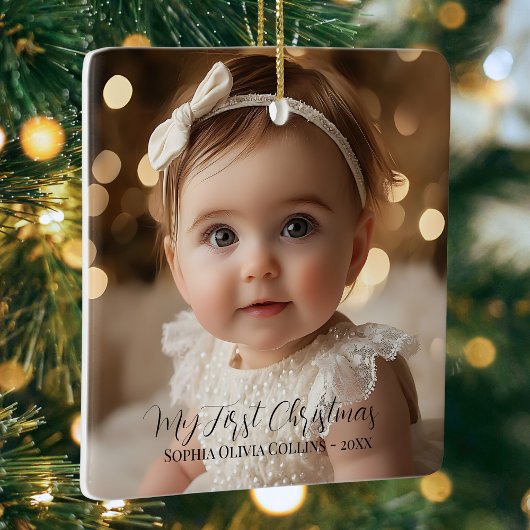 Baby's eerste minimalistische kerstscript 2 foto keramisch ornament