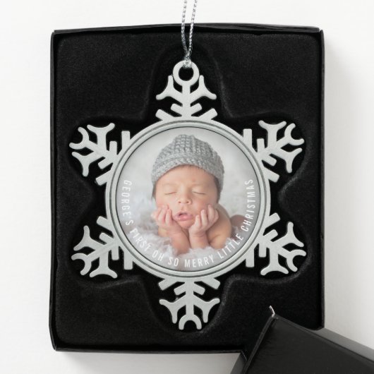 Baby's eerste O zo vrolijk kerstfoto Tin Sneeuwvlok Ornament (Kistje)