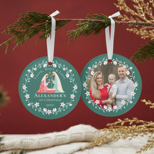 Baby's eerste religieuze kerstfoto ornament