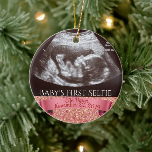 Baby's eerste selfie (roze achtergrond) keramisch ornament (Boom)